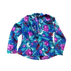 David Matthew Floral Peplum Blouse Blue Magenta Long Sleeve V-Neck Size 6